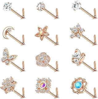 12-Piece Stainless Steel Star Nose Ring Set with Cubic Zirconia Accents for Women, Featuring Moon, Flower, Butterfly and Snowflake Designs