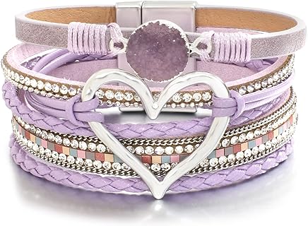 Bohemian Boho Braided Leather Wrap Bracelet with Heart-Shaped Decor - Comfortable Woman's Beaded Cuff Bracelet Jewelry, Perfect Birthday, Holiday Gift for Women and Girls