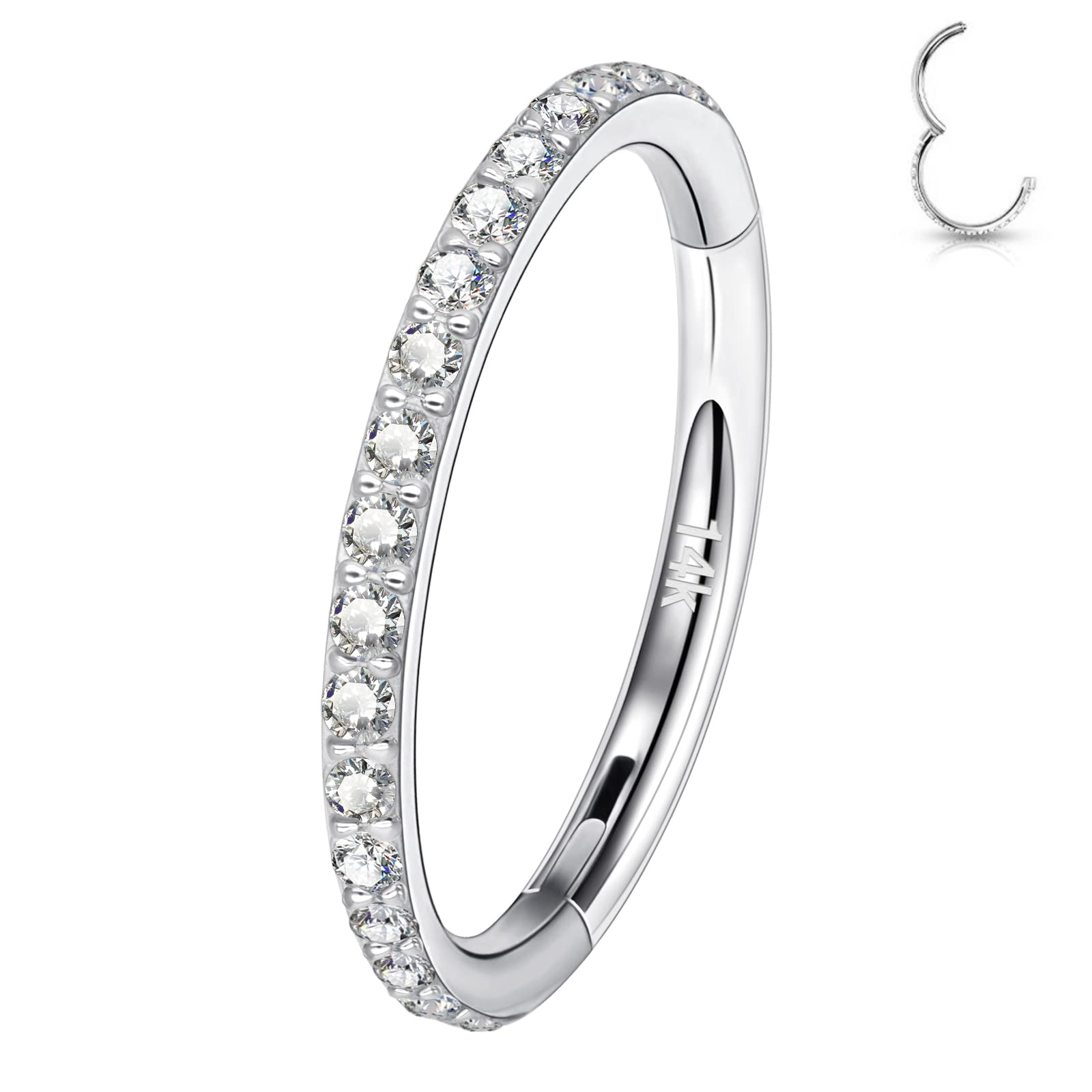 Unisex 14K White Gold Hinged Hoop Earring with Cubic Zirconia - Comfortable Nose, Helix, Rook, Tragus, Daith Rings in 6/8/10mm Diameter for Sensitive Skin