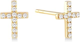 Gelin 14K Yellow Gold Diamond Cross Stud Earrings with Push Back Design for Women