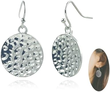 Chic Handmade Silver Hammered Disc Dangle Earrings with French Wire Back for Women