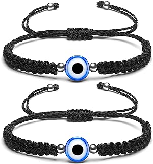 Fesciory Evil Eye Bracelets for Women, 2Pcs Adjustable Red String, 7 Knots Braided Lucky Thread, Hamsa Hand Amulet Bracelets for Men Boys Girls Jewelry Gifts (Square Knot 2pcs(Bead))