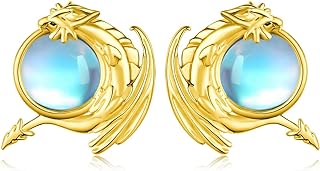 Sterling Silver Dragon Stud Earrings with Moonstone Gems for Women and Girls