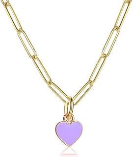 Multicolor Enamel Heart Pendant Paperclip Chain Necklace 14K Gold Plated Drop Oil Peach Lover Heart Stainless Steel Paperclip Chain Collar for Women Girl Cute Dainty Valentine's Day Preppy Jewelry