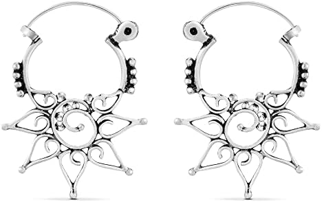 AeraVida Vintage Gypsy .925 Sterling Silver Mandala Filigree Bloom Tribal Hoop Earrings | Sterling Silver Hoop Earrings | Earrings for Women | Hoop Earrings Set