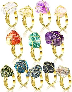 Adjustable Raw Crystal Wedding Rings, Chakra Gem Copper Wire Wrap Design for Women and Girls, Set of 12