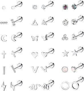 FIBO STEEL 18 Pairs Flatback Stud Earrings 18G Surgical Steel Cartilage Studs for Women Cute Moon Star Snake Opal Disc Ball CZ Stud Earring Set