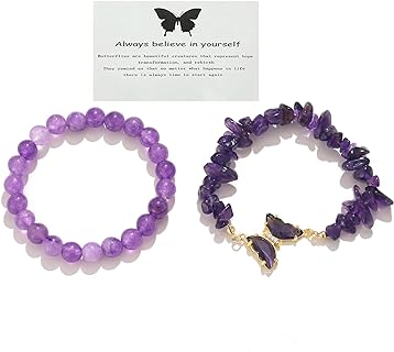 Stunning Amethyst Beaded Mermaid Bracelet with Brass Chain for Women and Girls, Butterfly Charm Design