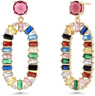 Dazzling Cubic Zirconia Gemstone Drop Earrings for Women - Gold Plated Huggie Style with Secure Push Back - Sparkly Rhinestone Rectangle Geometric Design