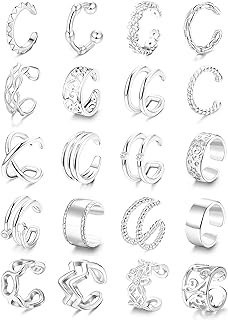 LOYALLOOK 20PCS Ear Cuff Earrings Set Adjustable for Women Stainless Steel Non-Piercing Cartilage Clip On Wrap Earring Fake Helix Cartilage Cuffs Fake Lip Nose Ring