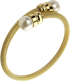 555Jewelry Women's Elegant Stainless Steel Bangle Bracelet with Twisted Cable Wire, Pearl Embellishments and Unique Clasp