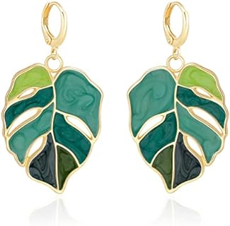 Gift Earrings Bohemian Green Leaf Earrings for Women, Enamel Jewelry for Women, Monstera Leaves Plant Pendant Drop Dangle Earrings for Women Mens with Box Gift Package