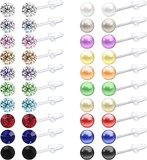 Push-Back Cubic Zirconia and Pearl Plastic Stud Earrings Set for Women with Sensitive Ears - Elegant Resin-Made Studs