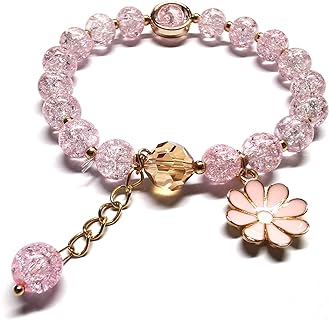 Glazed Flowers Crystal Bead Bracelets 8mm Gemstone Beaded Stretch Bracelet with Flower Bracelet for Women