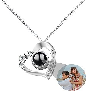 Custom Photo Necklace with Picture Inside, Personalized Heart Photo Necklace, I Love You Necklace 100 Languages Photo Pendant, Picture Projection Necklace for Girlfriend Wife Birthday Anniversary