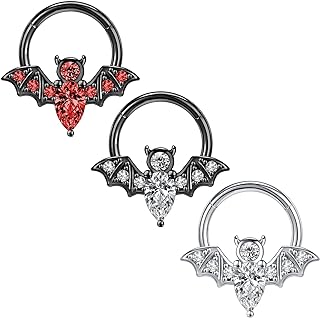 Clicker Clasp Cubic-Zirconia Bat Nose Ring, Hinged Segment Chain, Cartilage Piercing Jewelry for Vampire/Snake Lovers - High-Quality Stainless Steel