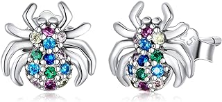 Tiny Spider Stud Earrings 925 Sterling Silver Colorful Cubic Zirconia Crystal Halloween Earrings Tragus Earring Statement Studs Hypoallergenic for Women Girls BFF