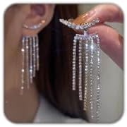 Long Tassel Earrings for Women Sparkle Rhinestone Dangle Drop Earrings For Girls Crystal Front Back Climber Fringe Prom Earrings For Wedding Birthday Party Dress Earrings Jewelry Gifts