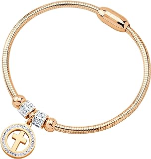 Magnetic Clasp Cubic Zirconia Charm Bracelet with Snake Chain for Women, 555Jewelry Stainless Steel Cross Design