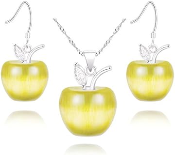 Apple Wedding Ring with Cubic Zirconia Gem & Lobster Clasp for Women, Cute Apple-Shaped Platinum-Plated-Brass Jewelry Set - Ideal Gift for Teachers or Moms