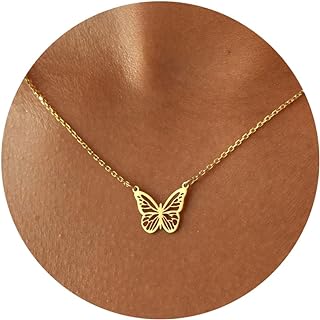 Dainty 14K Gold Plated Brass Butterfly Pendant Necklace with Lobster Clasp and Cable Chain for Women by GUOKE