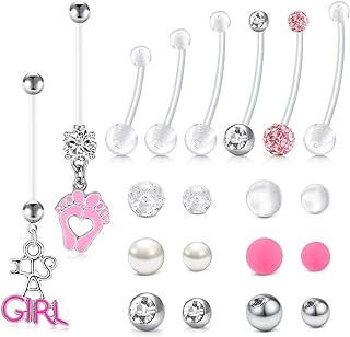 Longita Plastic Pregnancy Belly Button Rings Long Bar Navel Rings for Maternity Sport Pregnant Women Flexible Clear Belly Piercing Retainer Different Length bar and balls for Replacement 10-32mm