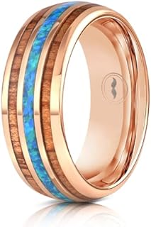 Distinguished Gentlemen's Leather Wedding Band - Rose Gold Tungsten with Captivating Blue Opal Inlay - Size 7 - Package Includes Silicon Band, Walnut Ring Box, and Leather Pouch