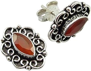 Sterling Silver Push-Back Carnelian Stud Earrings for Women, Round Shape - Elegant Gift from India