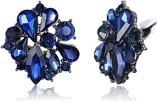 Flyonce Crystal Floral Clip-On Earrings in Navy Blue for Women and Girls - Alloy Metal, Rhinestone Studded, Floral Design