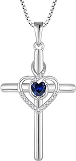 Women's Tanzanite Heart and Cross Pendant Sterling Silver Necklace with Cubic Zirconia - Spring Ring Clasp Cable Chain - Perfect Religious Gift for Her