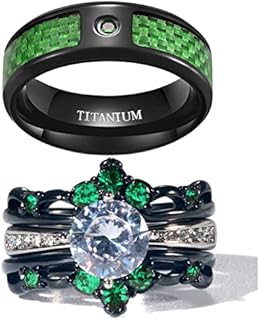 Titanium Black & Green Couple Wedding Rings Set with Cubic Zirconia for Him and Her - Elegant Design