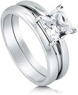 BERRICLE Sterling Silver Solitaire Wedding Engagement Rings 1.6 Carat Princess Cut Cubic Zirconia CZ Ring Set for Women, Rhodium Plated Size 4-10