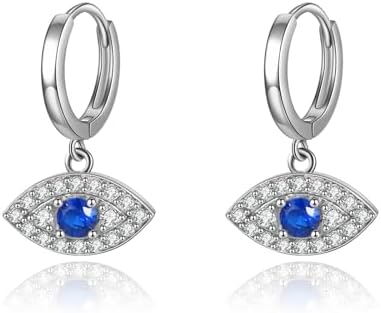 925 Sterling Silver Evil Eye Hoop Earrings with Cubic Zirconia Gems and Lever Back Design for Women