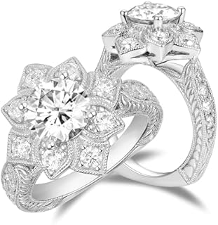 DovEggs Moissanite Engagement Rings for Women 14K Gold QUALITY Sterling Silver 2ct 8mm GHI Color Brilliance Round Created Antique Art Deco Anniversary Wedding Floral Euro Shank Ring