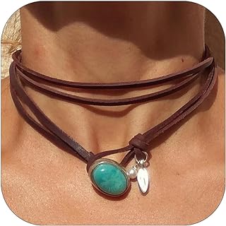 Boho Necklaces for Women Country Concert Outfits for Women Leather Suede Choker Necklace Layered Turquoise Necklace Long Boho Necklace Western Necklace Jewelry Outfits for Teen Girls