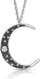 14K White Gold Moon Pendant Necklace Featuring Black and White Diamonds with an 18" Sterling Silver Cable Chain and Lobster-Claw Clasp