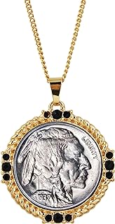 Lobster Clasp Buffalo Nickel Goldtone Medallion Necklace with Cable Chain & Jet Glass Stones For History Enthusiasts - Round Design