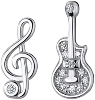 Music Note G Clef Crystal Stud Earrings S925 Sterling Silver Asymmetrical Guitar Cubic Zirconia Small Sleeper Statement Earring Studs Post Dainty Jewelry Gifts for Women Girls Sensitive Ears