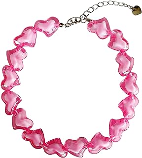 Dcfywl731 Chunky Big Heart Necklace Pink Heart Necklace Punk Heart Beads Chain Choker Necklace Silver Statement Chain Necklace for Women Girls