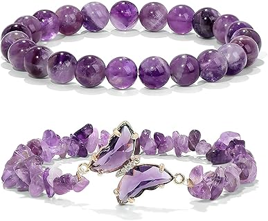 Miunpri 2pcs Bracelet en Améthyste Naturelle et Pierre Concassée avec Papillon, Taille 8mm, Idéal pour FEMMES et HOMMES, Parfait pour Yoga, Méditation et Cadeaux