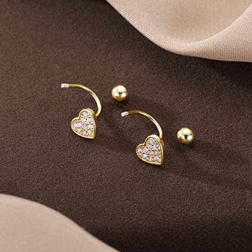 Sterling Silver Small CZ Heart Half Hoop Earrings for Women Teen Girls Love Half Hoop Earrings Cartilage Helix Piercing Ball Studs