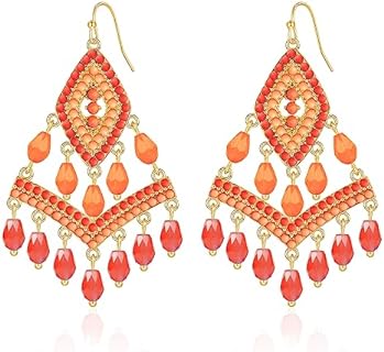 Coral Drop Brass Earrings with French Wire Back for Women: Long Beaded Tribal Design
