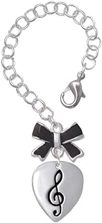 Delight Jewelry Silvertone Large Clef on Guitar Pick - Black Bow Charm Accessory for Tumblers and Thermal Cups