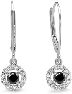 14K White Gold Drop Earrings with Black Diamond Halo Cluster Design & Lever Back by Dazzlingrock Collection