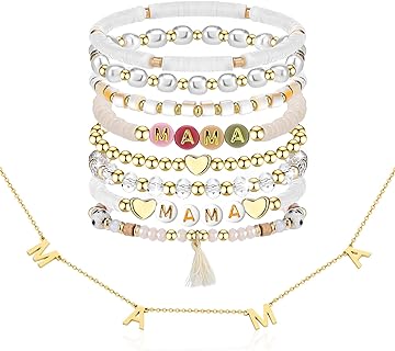 9 Pack MAMA Bracelets Necklace Set Women Stretch Bracelets Dainty Gold Necklace Crystal Beaded Bracelets Dipped Necklaces Jewelry for Women Mom Grandma Gifts