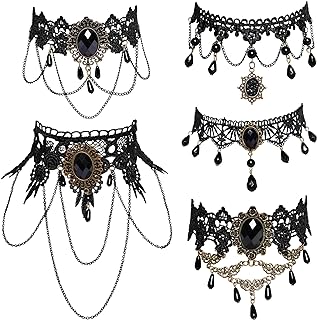 5 Set Halloween Black Necklaces Lace Neck Choker Steampunk Goth Gothic Neck Chain Collar Elegant Pendant for Wedding Party Cosplay Christmas
