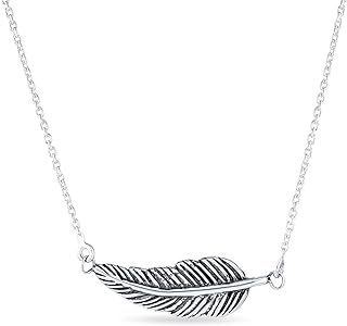 Native American Style Bohemian Boho Sideways Diagonal Feather Leaf Pendant Necklace Western Jewelry For Women For Teen Oxidized .925 Sterling Silver & Gold Plated