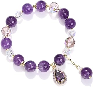 LWQQWL Natural Amethyst Gem Stone Bracelet 8mm Purple Quartz Beads Stretch Bracelet with Four Clover/Amethyst Flower/Waterdrop/Heart Charm Bracelet