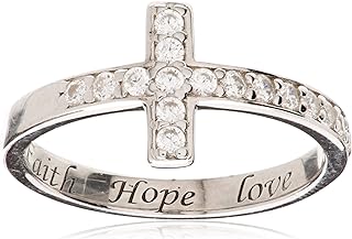 Esberry Sterling Silver Faith Hope Love Ring with Cubic Zirconia for Women/Trendy Sideways Cross Design - Size 6