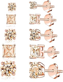 Women's & Men's Hypoallergenic 925 Sterling Silver, Cubic Zirconia Stud Earrings Set | Gold Based, Push Back Finding | Round & Princess Cut Designs, Multiple Sizes (3/4/5/6/8mm)